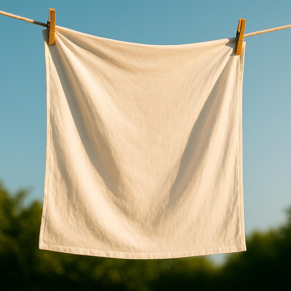 빨래줄에 걸린 흰색 베개 커버가 햇빛에 말라가는 모습