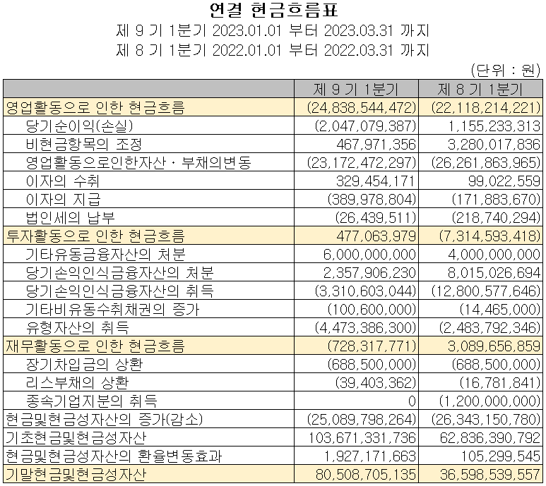 씨아이에스 - 현금흐름표