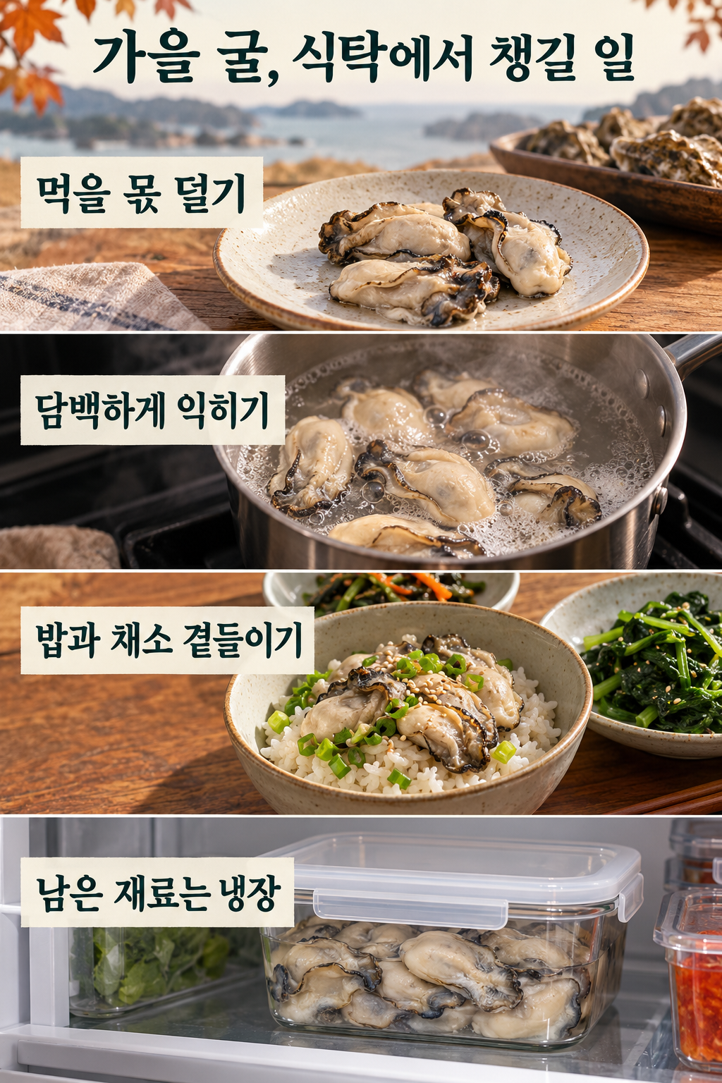 내 몫 덜기&middot;담백하게 익히기&middot;밥과 채소 곁들이기&middot;남은 생재료 저온 보관의 네 장면.