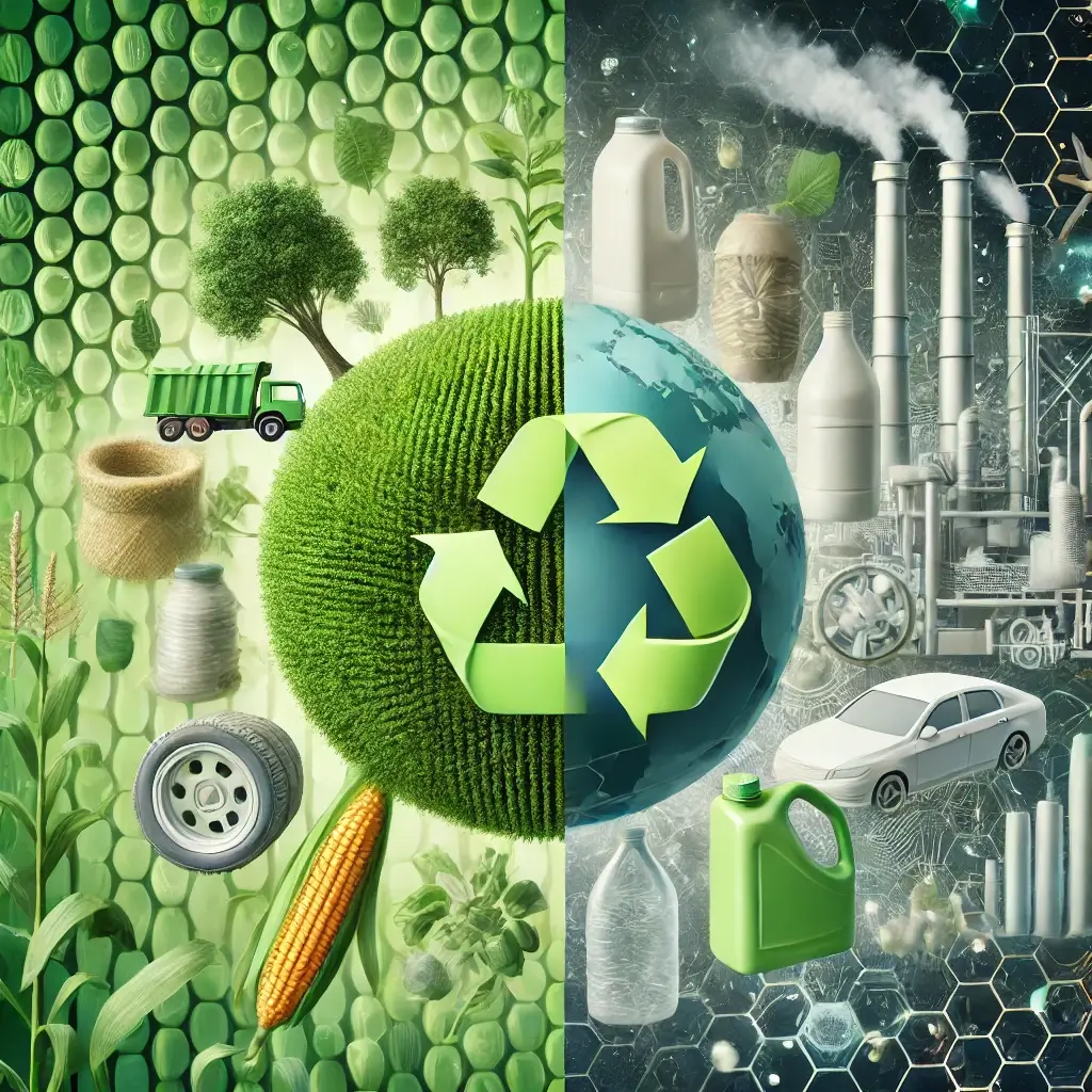 왼쪽에 녹색의 각종 식물과 초원의 모습을 모여주고, 오른쪽에는 생산공장의 굴뚝을 보여주며 한가운데 동그란 구모양으로 재활용을 의미하는 마크와 함께 지구같은 모습으로 보여주고 있다.