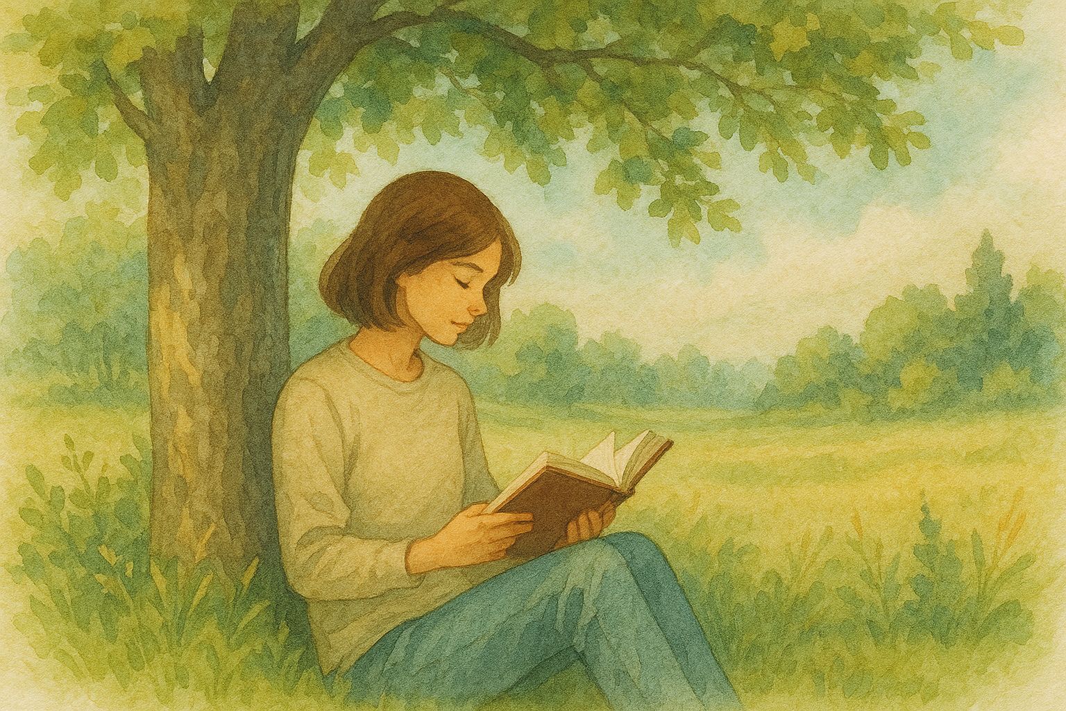 책을 읽는 여인과 나무