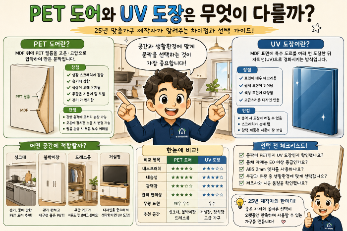 25년 맞춤가구 제작자가 알려주는 PET 도어와 UV 도장의 차이