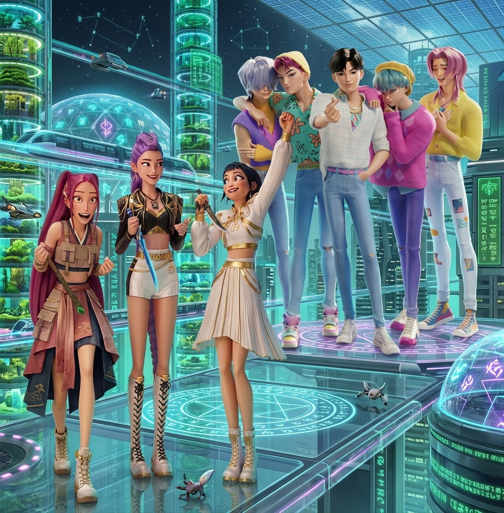 케이팝 데몬 헌터스의 무대를 묘사한 지속 가능 패션을 입은 애니메이션 스타일 그룹들의 모습