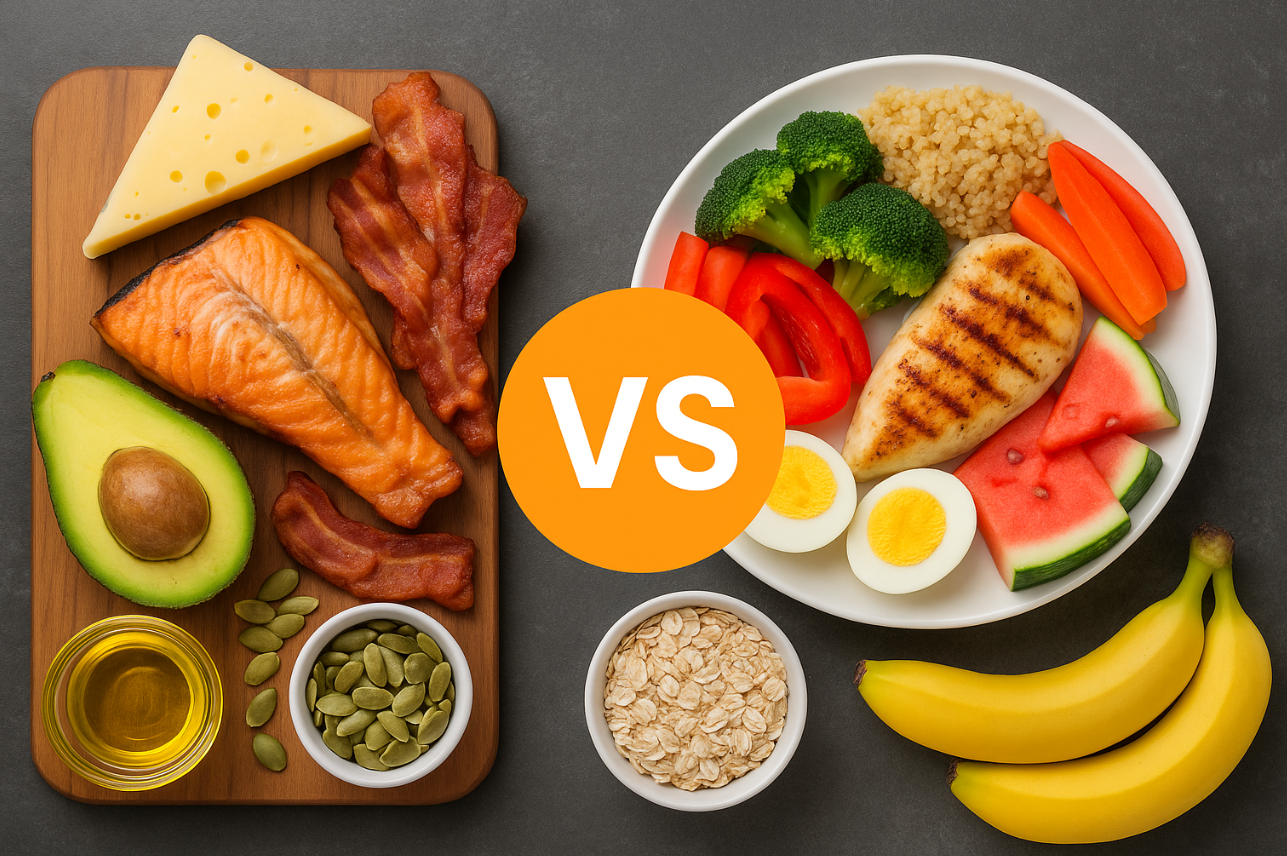 저탄고지 식단과 영양이 균형잡힌 식단의 비교 이미지