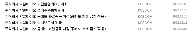 박셀바이오 공시 목록