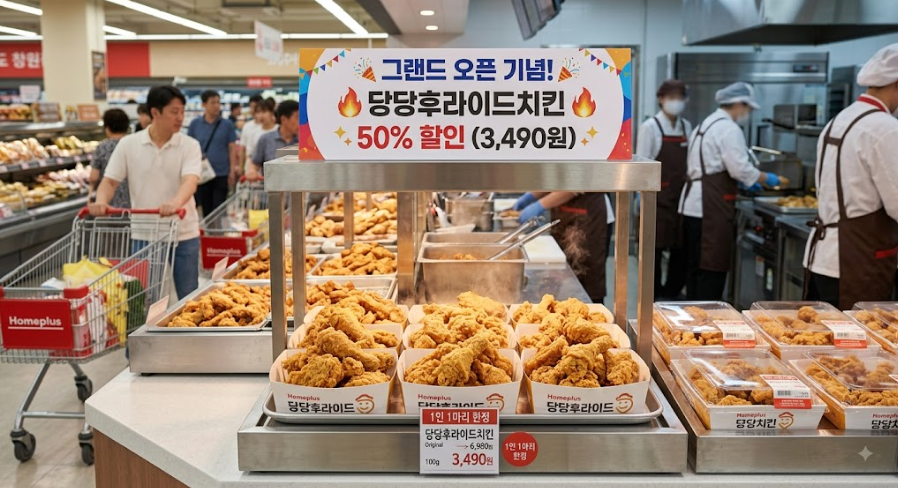 바삭한 당당치킨 매대: "마트 델리 코너에 노릇하고 바삭하게 갓 튀겨진 후라이드 치킨이 포장 용기에 담겨 김을 내며 진열된 고화질 푸드 사진