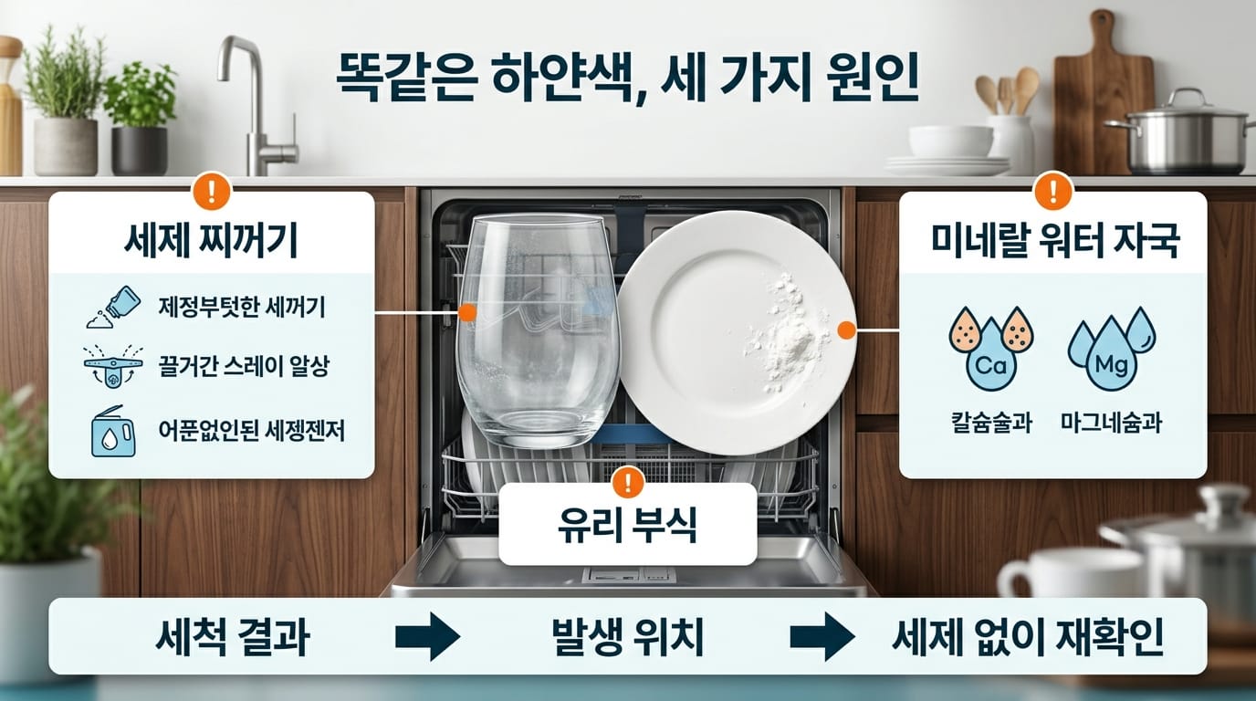 식기세척기 하얀 가루와 뿌연 얼룩 원인 비교