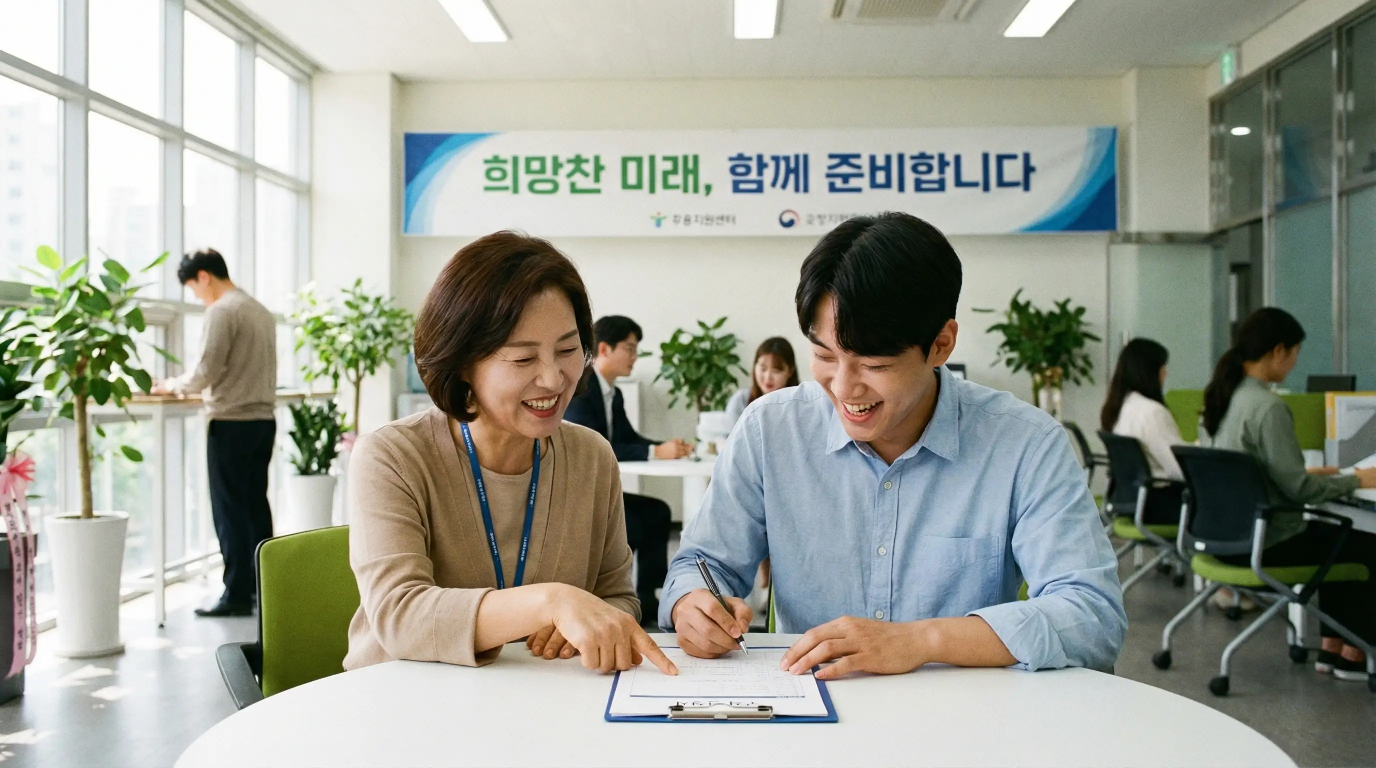 취업지원센터 상담 창구에서 상담사와 웃으며 구직 신청서를 작성하는 희망찬 모습