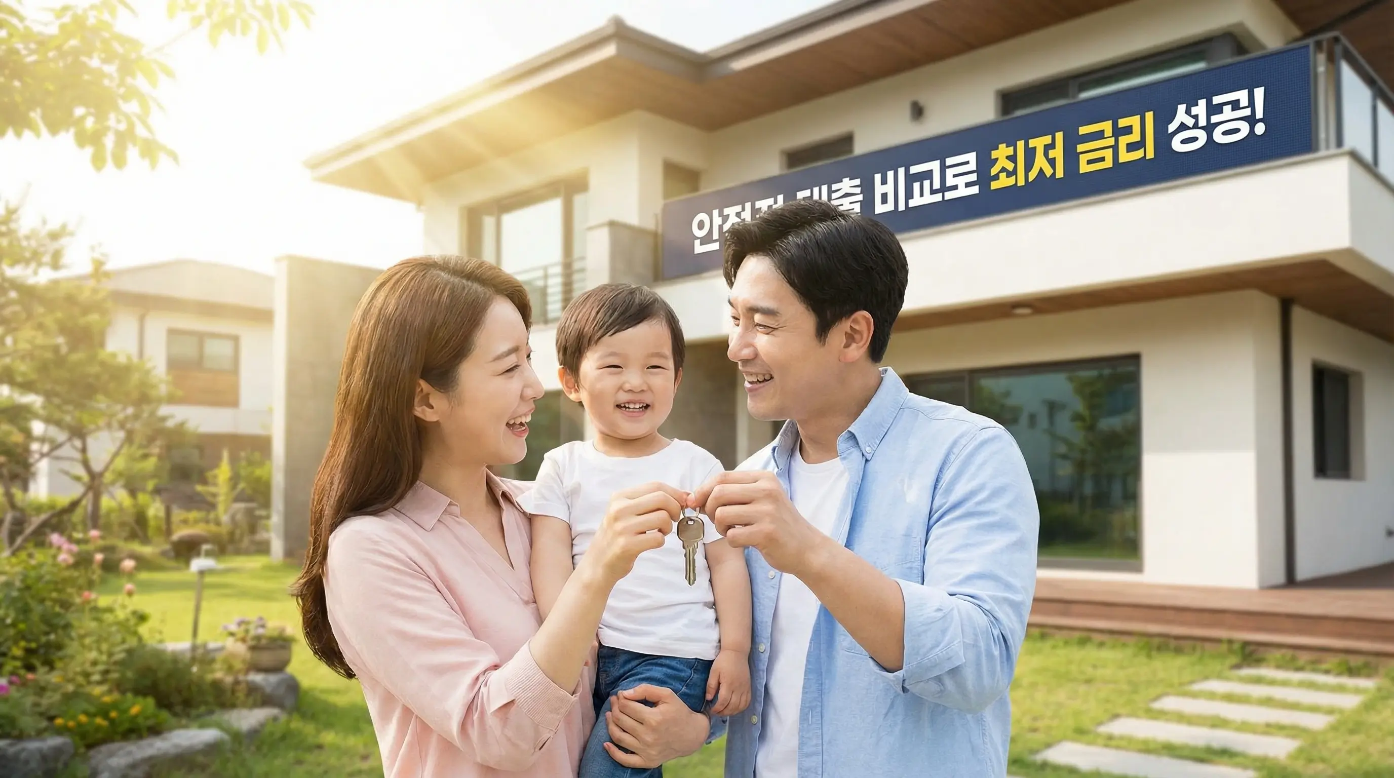 안전한 대출 비교를 통해 최저 금리로 내 집 마련에 성공하고 열쇠를 쥐는 행복한 모습