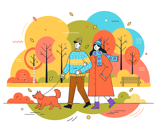 젊은 남녀가 갈색 개를 끌고 공원을 산책하고 있다. 뒤에는 단풍나무 은행나무가 있는 가을 풍경이다.