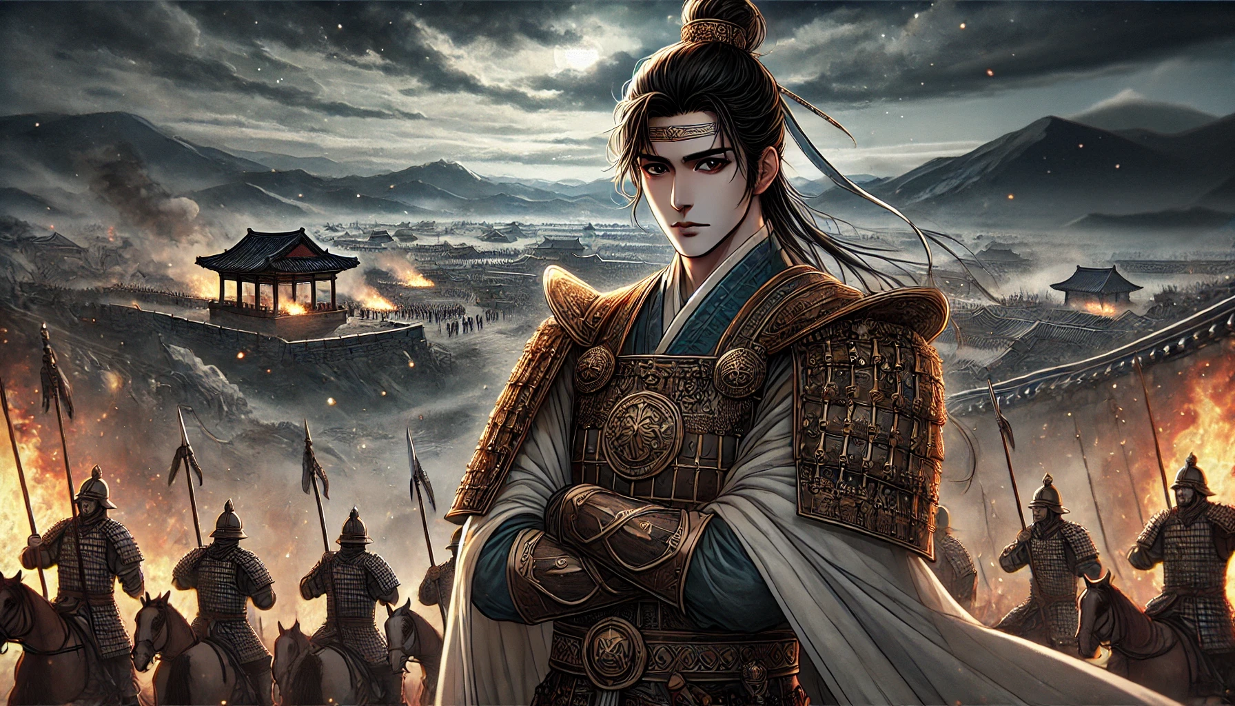 전쟁의 혼란과 고구려의 침략을 상징하는 불타는 마을과 전투하는 군사들이 묘사