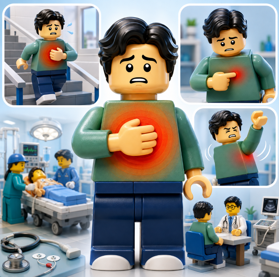 가슴 중앙 압박감과 눌렀을 때 재현되는 흉통 차이를 보여주는 레고 스타일 의료 일러스트