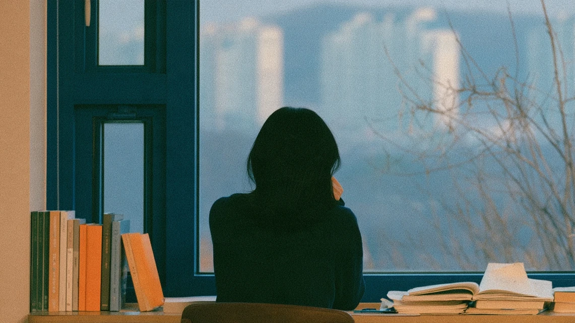 혼자 창밖을 보며 생각에 잠긴 취업 준비생