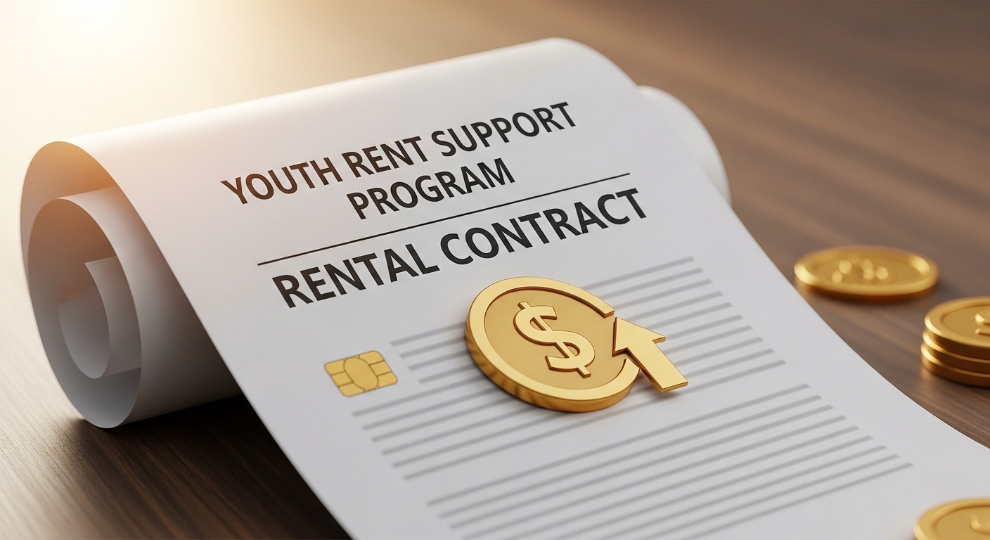 월세 계약서와 지원금을 상징하는 동전 이미지가 있는 청년월세 특별지원 개념 이미지