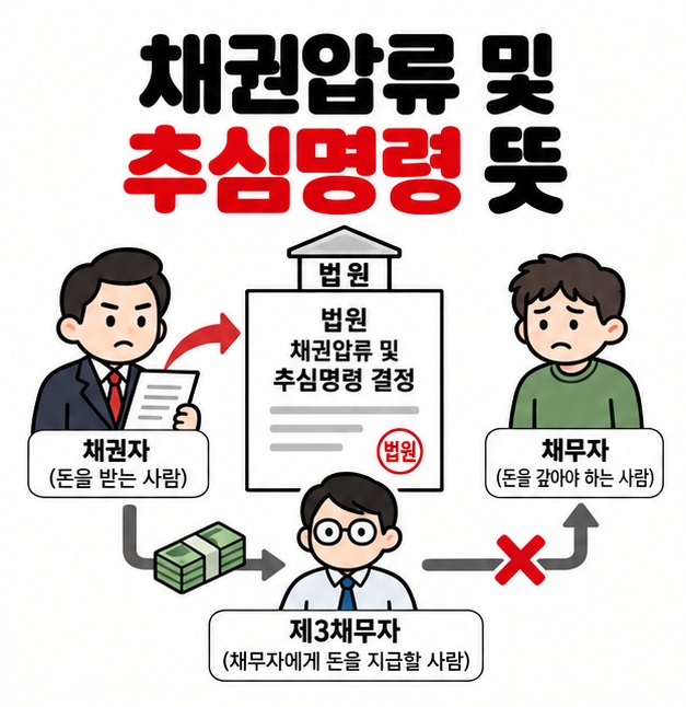 채권자 채무자 제3채무자와 법원 문서 아이콘 옆에 채권압류 및 추심명령 뜻 문구를 크게 보여주는 대표 카드