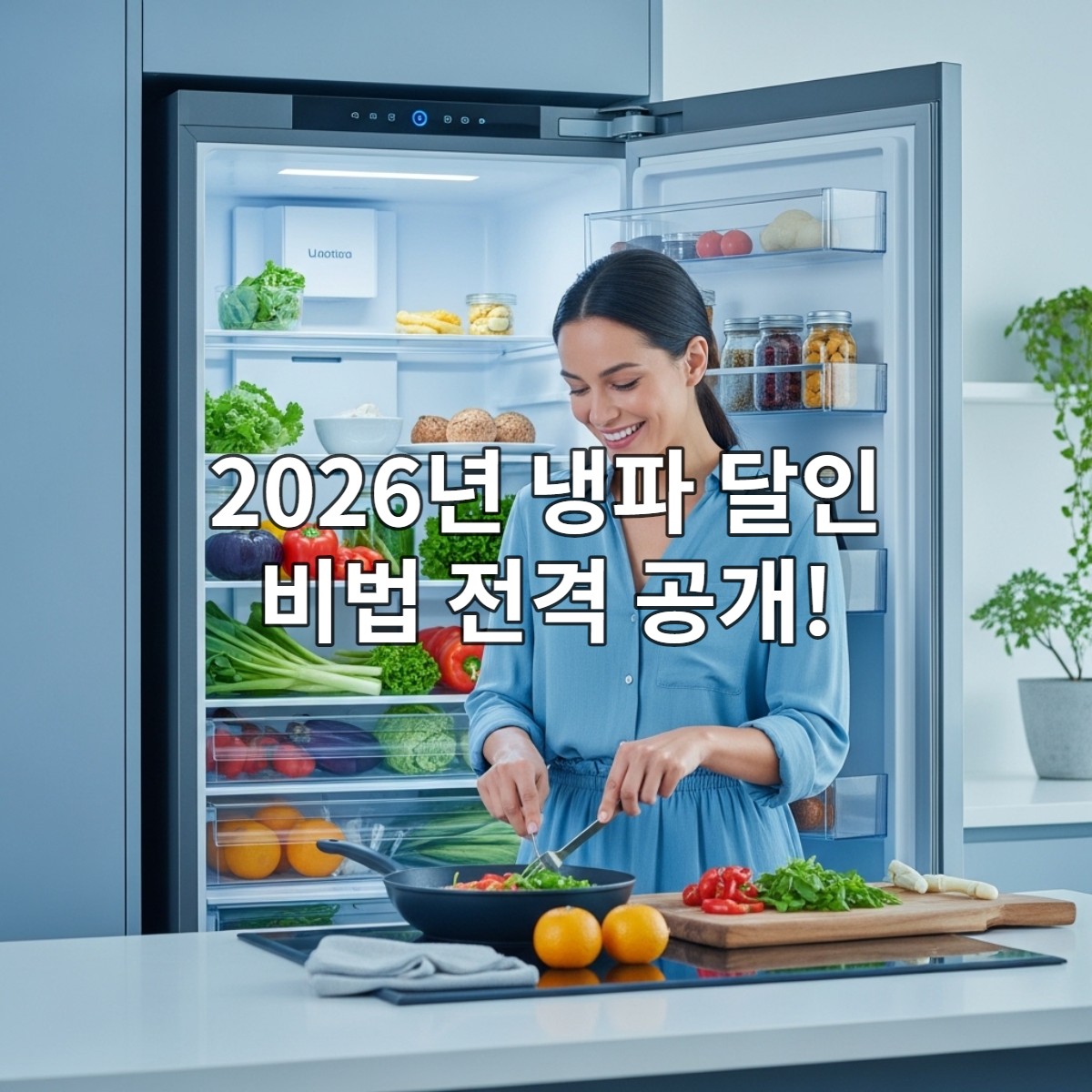 2026년 미래형 주방에서 한 여성이 스마트 냉장고 속 식재료로 제로 웨이스트 요리를 하는 모습. 신선하고 다채로운 채소들이 정돈되어 있으며, 깨끗하고 지속 가능한 라이프스타일을 보여줍니다.