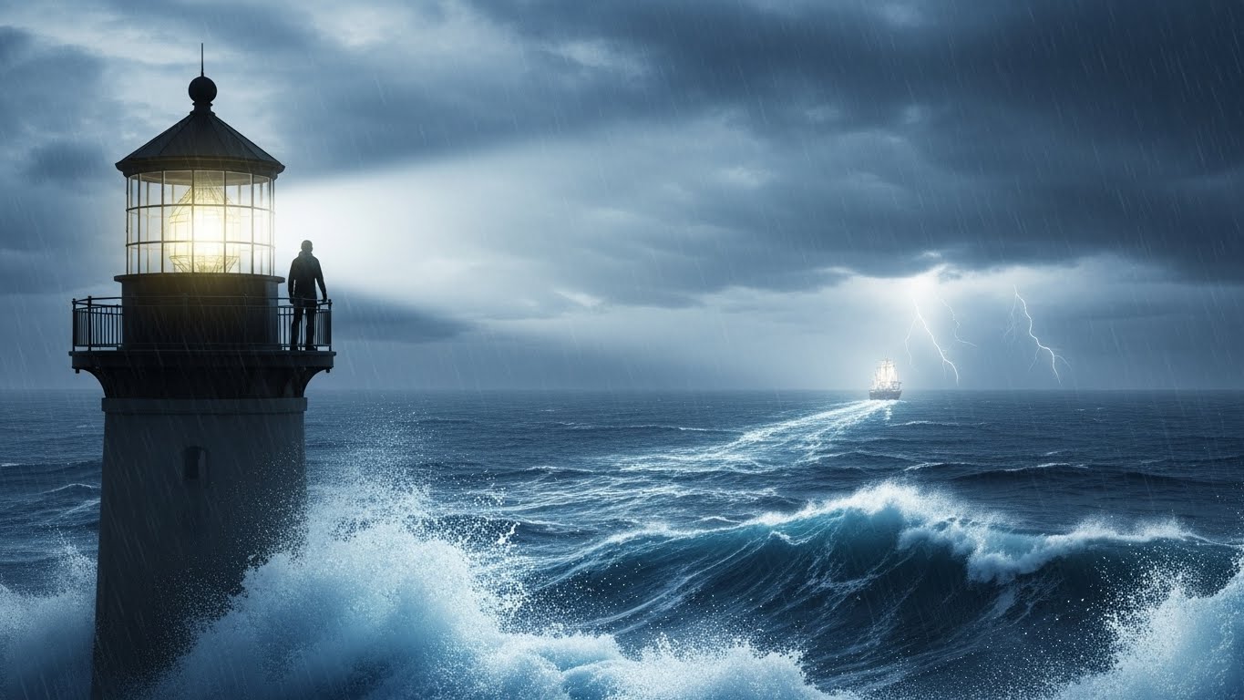 혼란스러운 시장 환경 속에서 고독하게 비즈니스의 방향을 비추는 리더의 상징적 모습