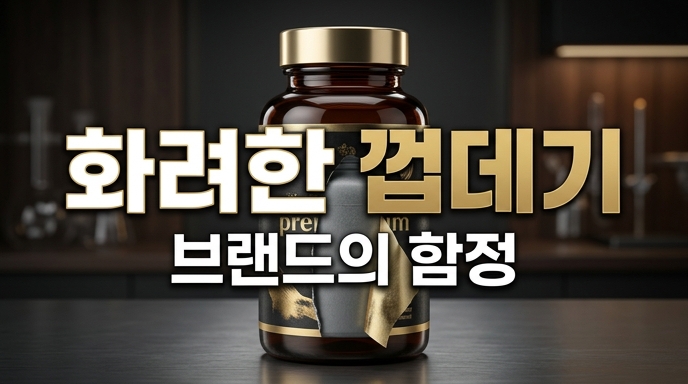 금빛 포장지가 벗겨지며 숨겨진 본질을 드러내는 영양제 약병 사진. 중앙에 '화려한 껍데기 브랜드의 함정' 텍스트 포함.