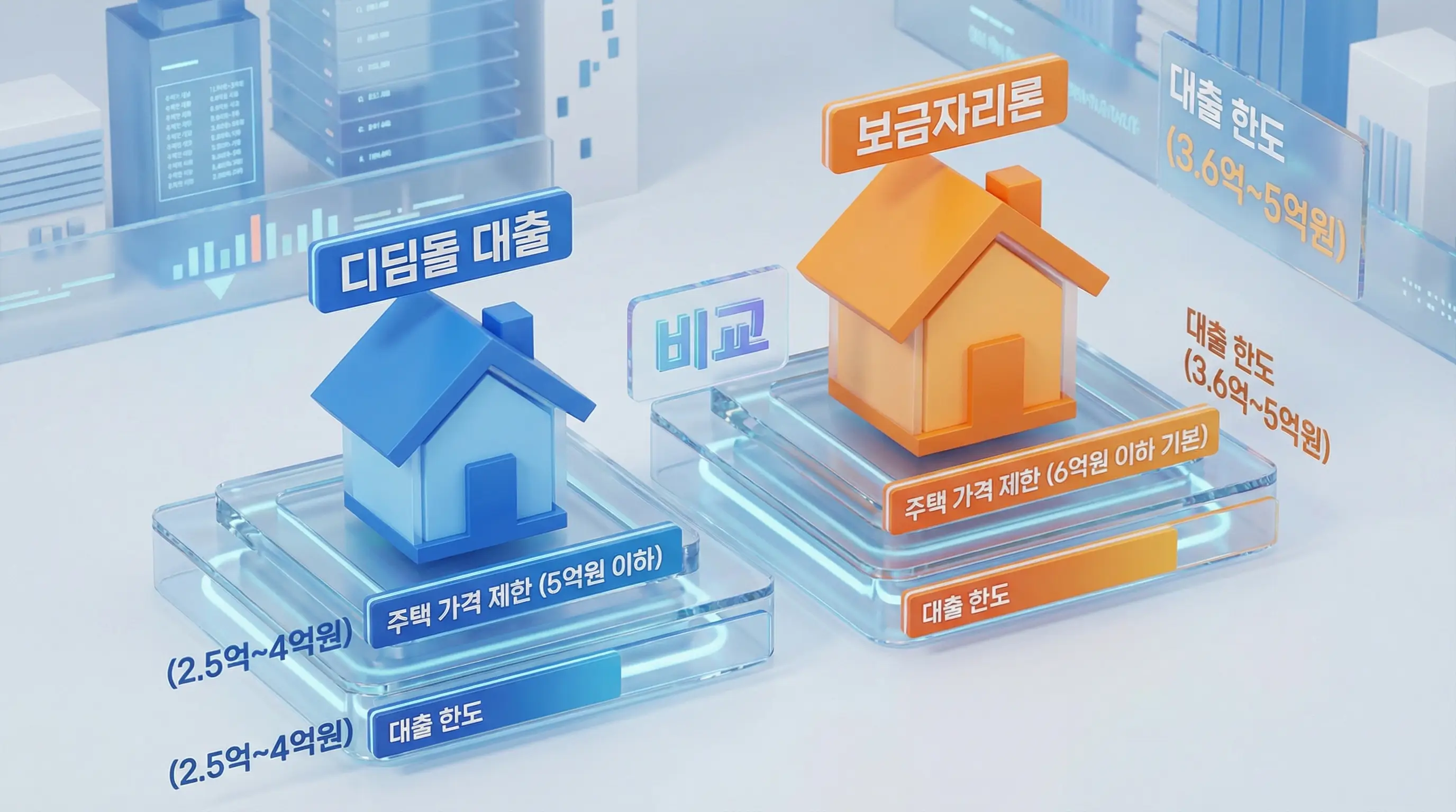디딤돌 대출과 보금자리론의 주택 가격 제한과 대출 한도를 비교하는 3D 인포그래픽