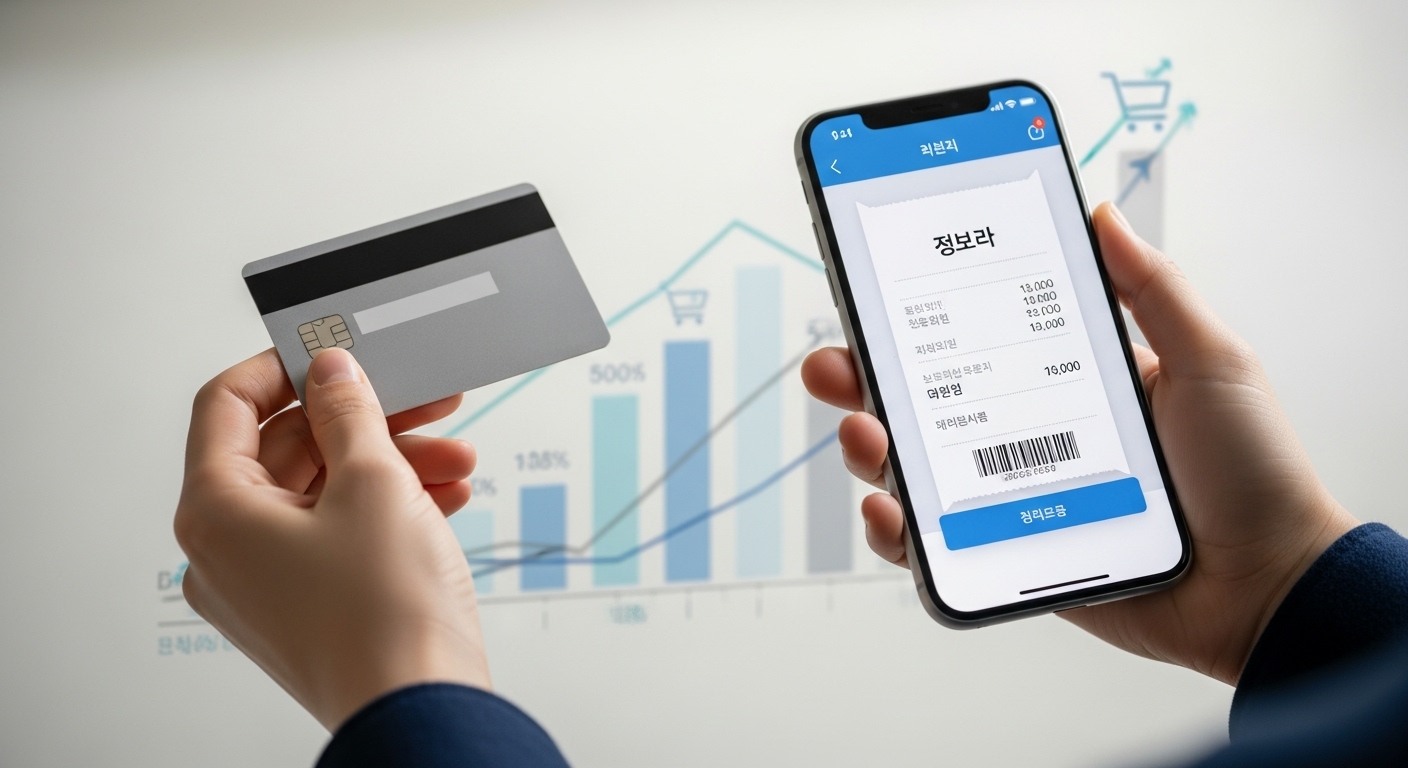 신용카드와 현금영수증을 효과적으로 사용하여 연말정산 소득공제를 받는 모습을 시각화한 이미지.