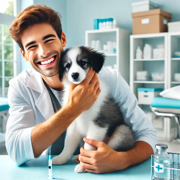 동물병원에서 예방접종 후 반려견을 부드럽게 위로하는 밝은 표정의 젊은 남성의 초고해상도 사진