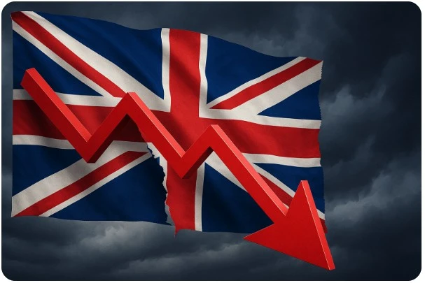 영국 국기와 하락 그래프로 표현한 경제 위기 이미지
