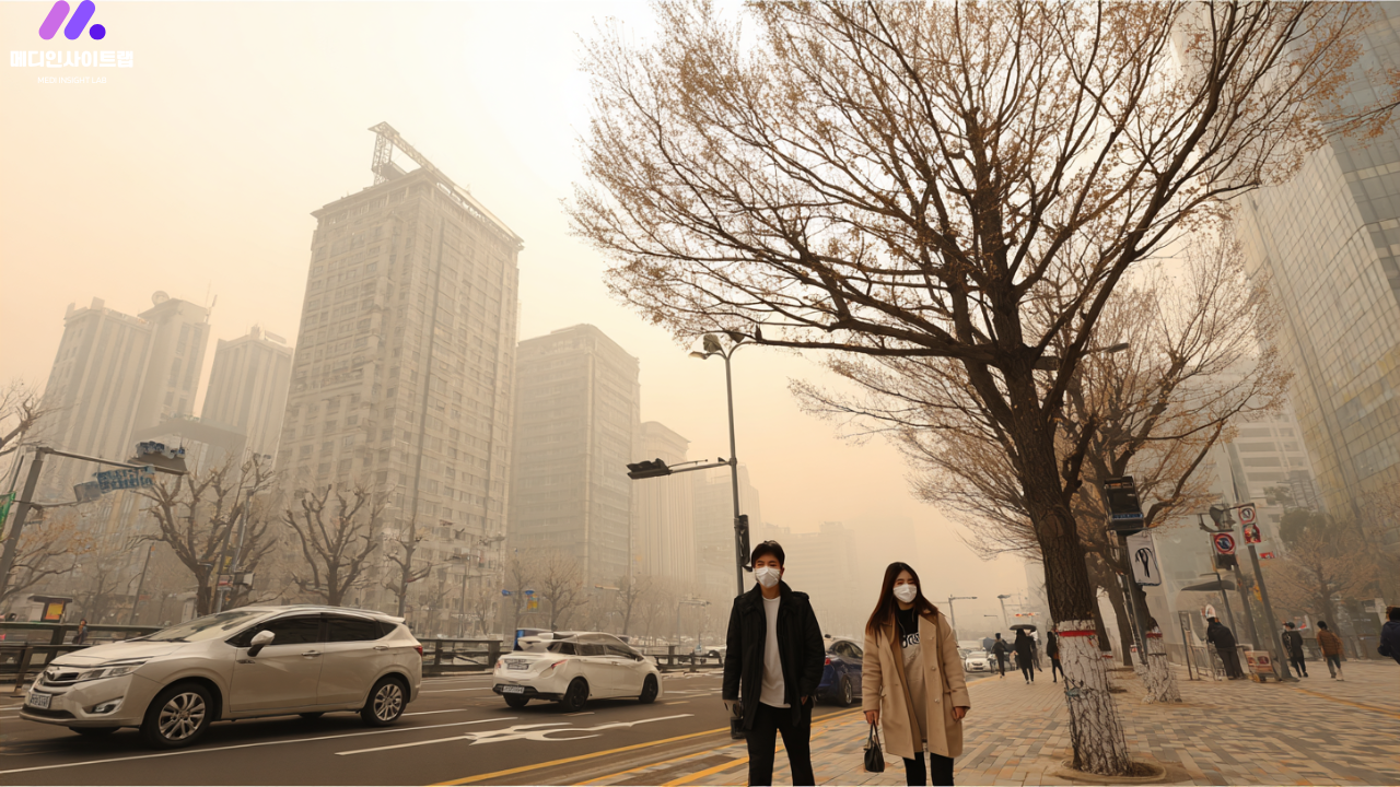 황사와 미세먼지로 흐려진 서울 도심에서 마스크를 착용한 시민들이 이동하는 모습과 대기오염 경고 상황을 표현한 이미지