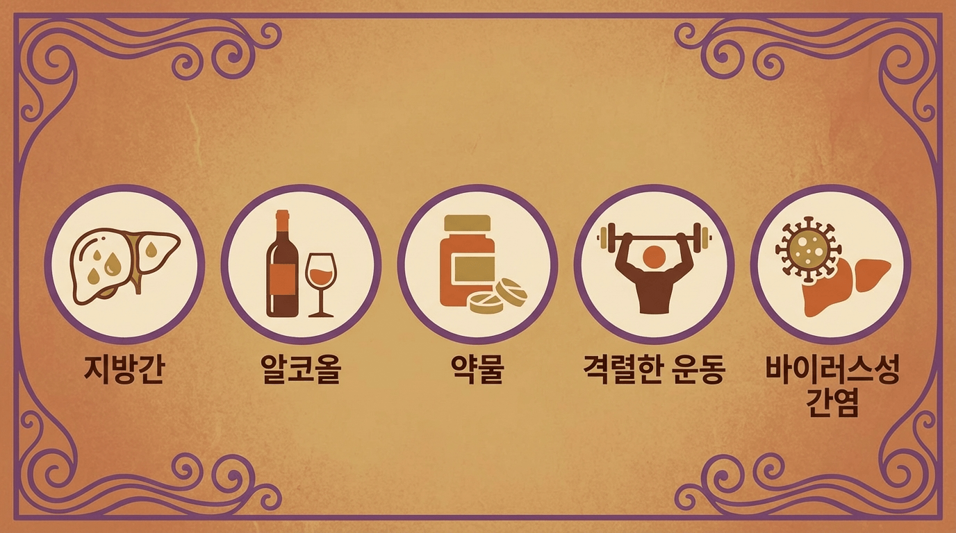 간수치 상승 원인 5가지를 아이콘으로 나열한 인포그래픽