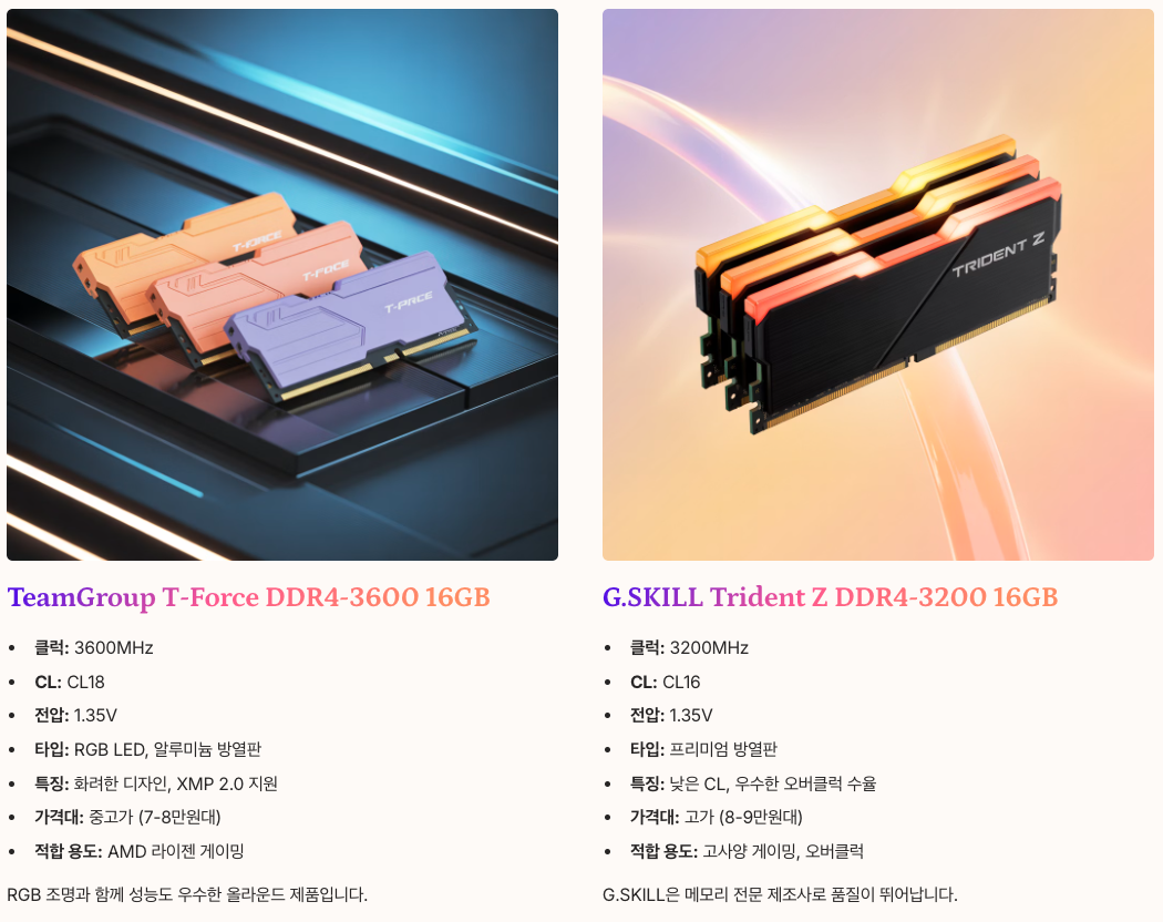DDR4 16GB 성능 중심 선택 제품군 정리