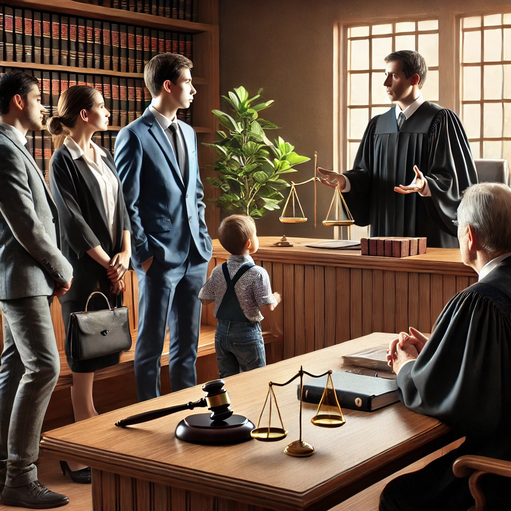법정에서 상속 분쟁을 다루는 판사와 변호사들이 있는 장면.