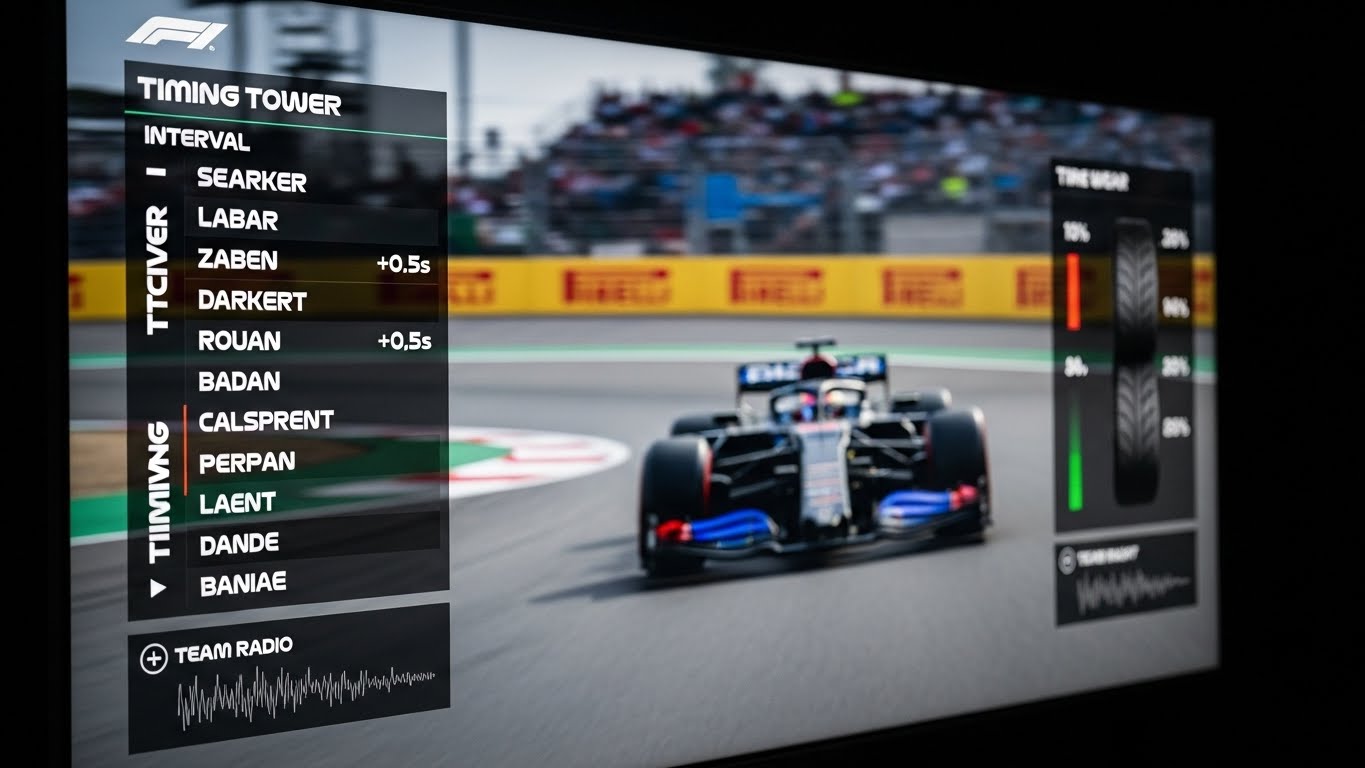 F1 생중계 화면 관전 포인트 타이밍 타워와 팀 라디오 그래픽 보는 법