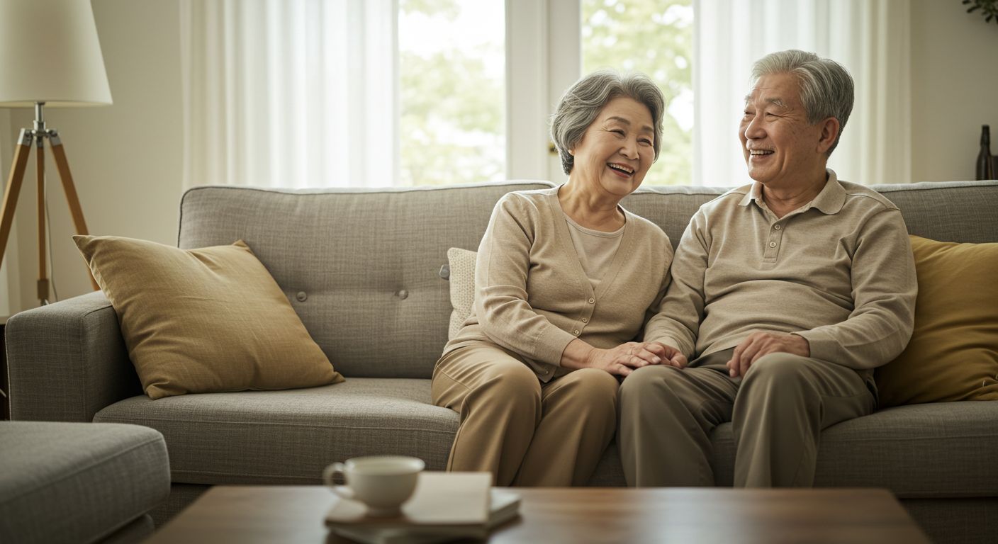 거실에서 대화하는 한국 노부부