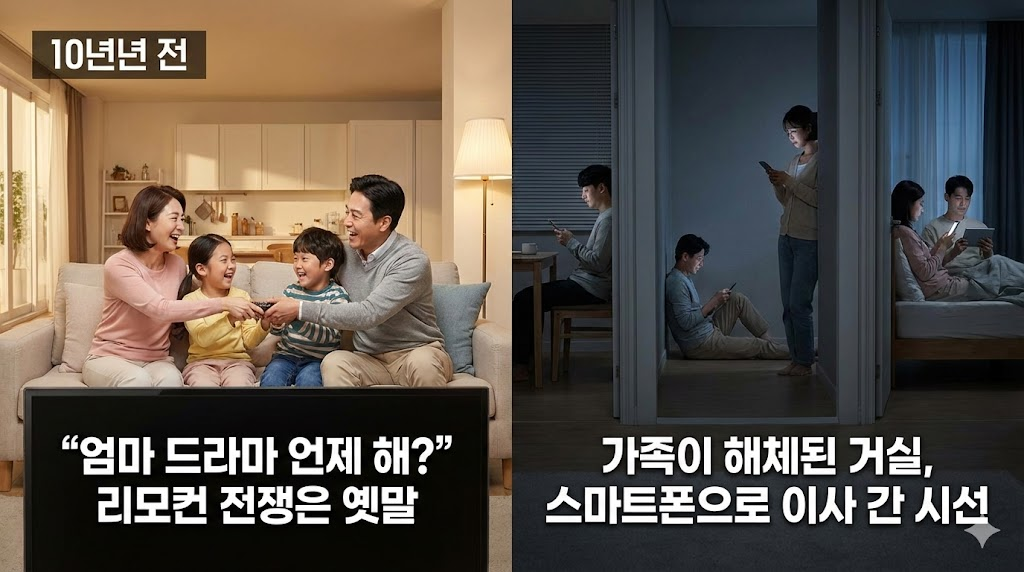 10년 전 가족들이 거실에 모여 TV를 보던 모습과 현재 각자의 방에서 스마트폰을 즐기는 모습을 분할 화면으로 대조시켰습니다. 가족의 해체와 개인화된 미디어 소비 행태를 시각적으로 보여줍니다.