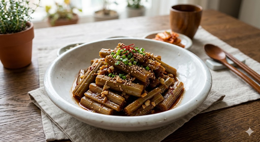 하얀 그릇에 담긴 먹음직스러운 머위 나물 무침 요리 사진