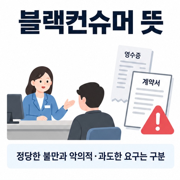 소비자 상담창구와 계약서 경고 아이콘을 배경으로 블랙컨슈머 뜻이라는 글자가 중앙에 놓인 소비자 분쟁 인포그래픽