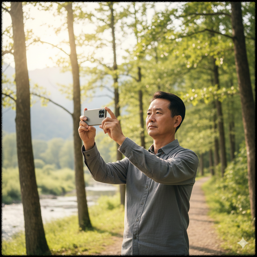 스마트폰을 활용해 야외에서 사진을 촬영하는 모습