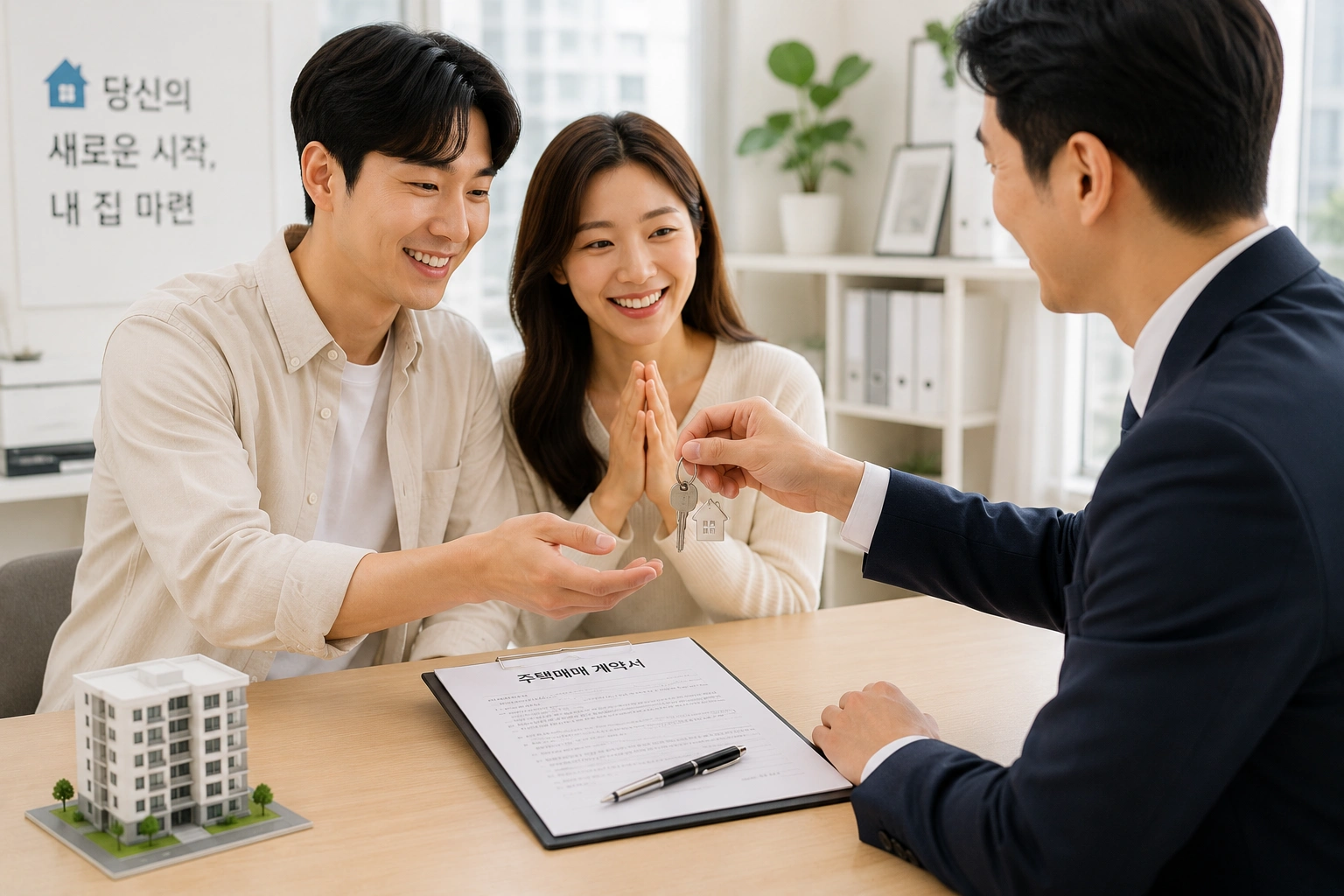 생애최초 디딤돌대출 계약을 마치고 집 열쇠를 전달받는 한국인 신혼부부의 모습