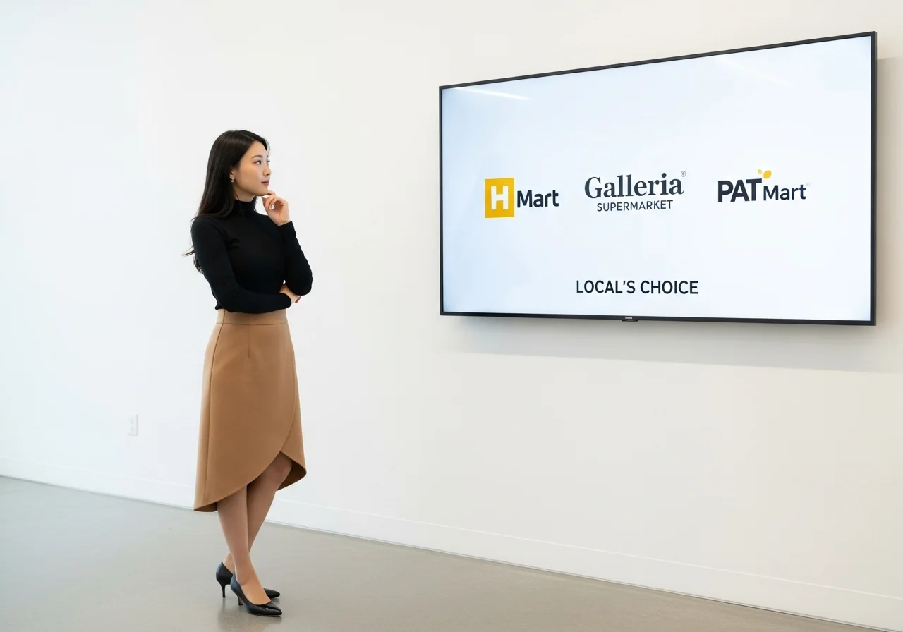 토론토 한인마트 비교를 위해 H마트, 갤러리아, PAT 로고를 살펴보는 전문가