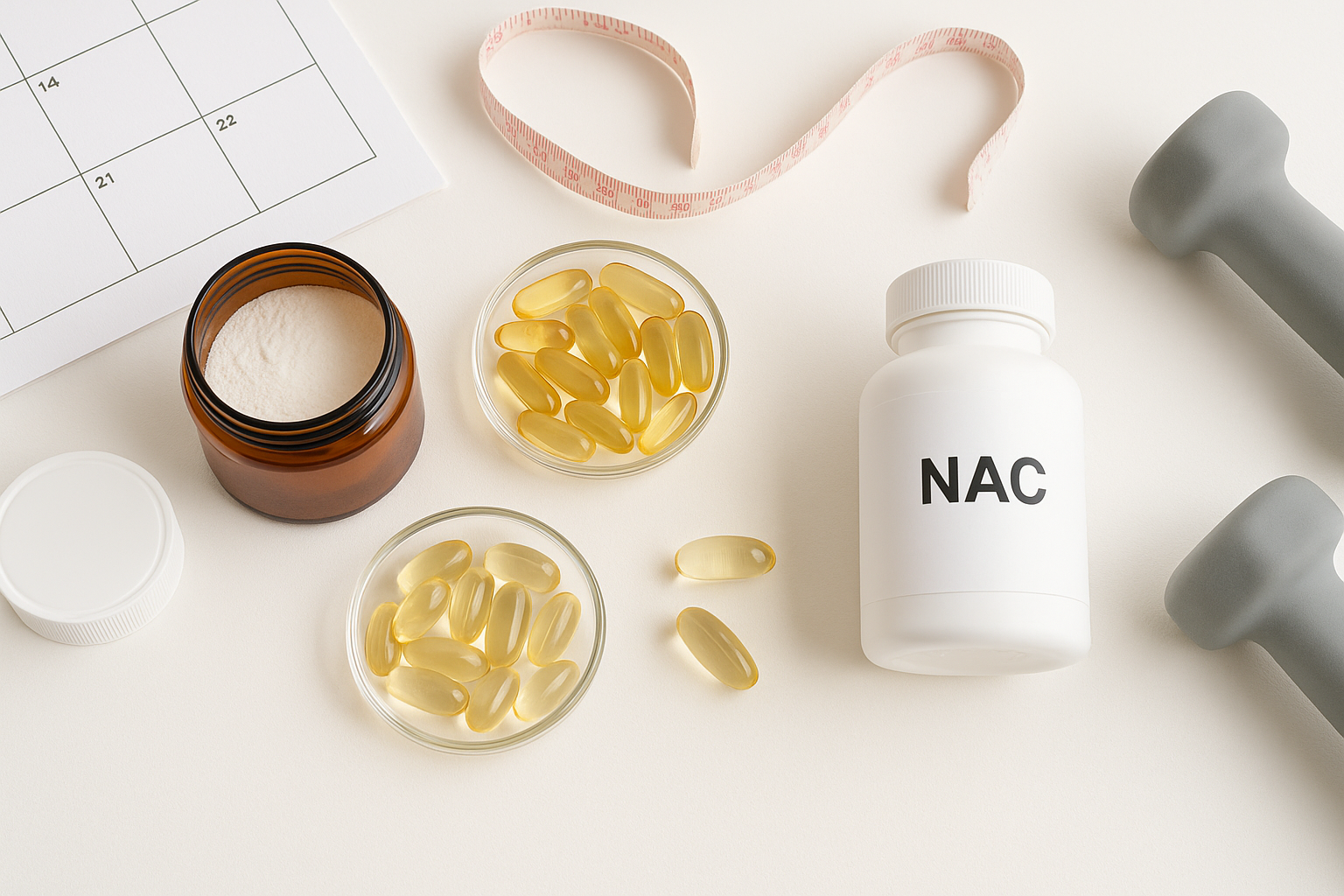 PCOS 보조 영양제 플랫레이: 이노시톨, NAC, 오메가3, 비타민 D와 캘린더·줄자