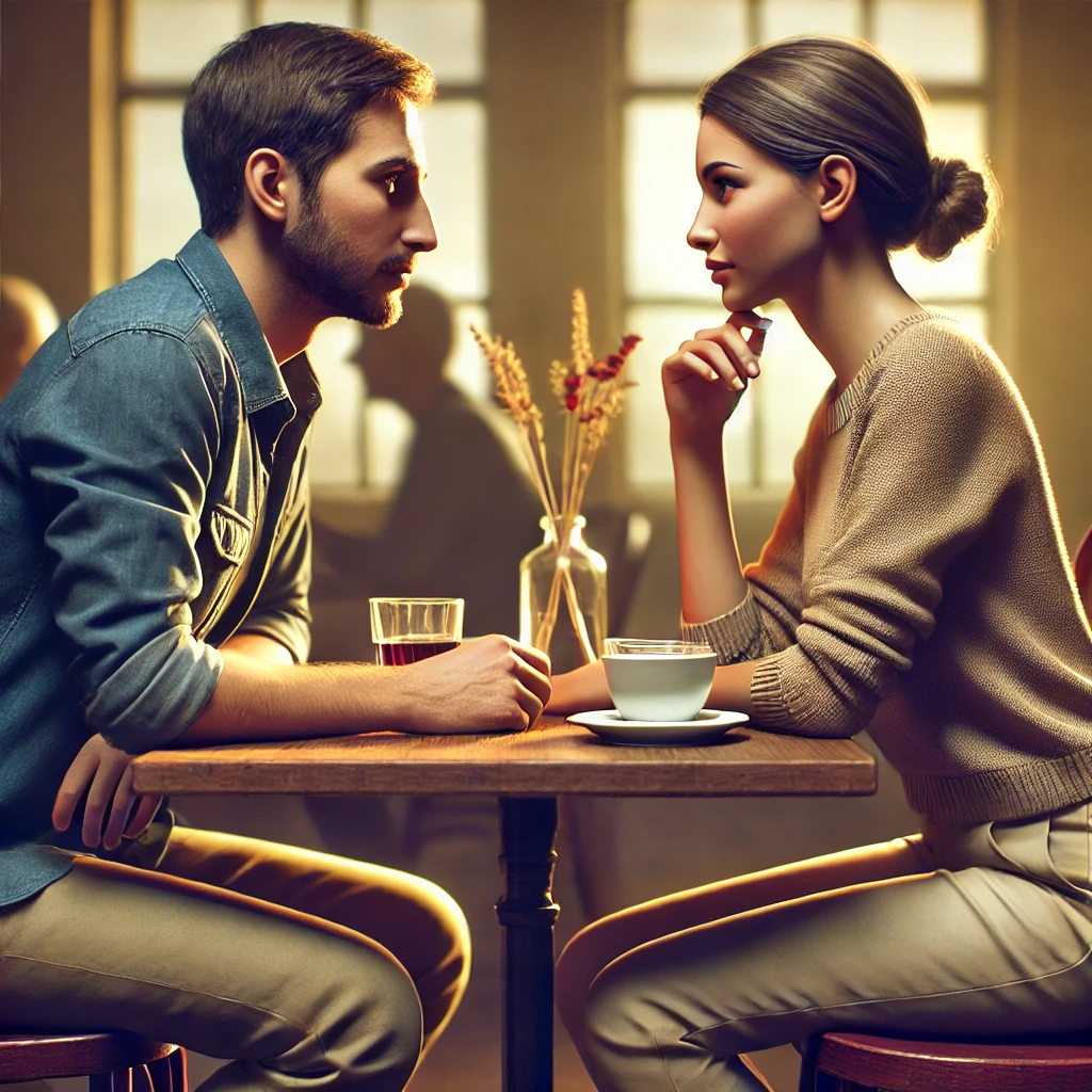 카페에서 대화하며 비슷한 자세를 취하는 커플