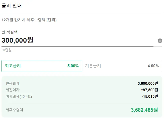 청포도적금, 이자계산예시
