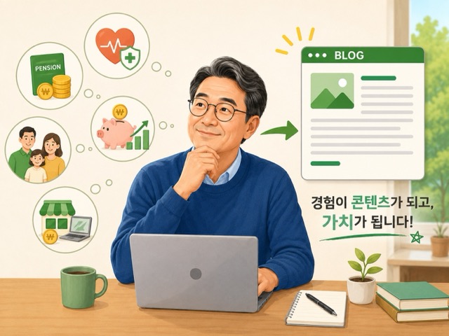 국민연금 건강보험료 가족 생활비 등 중장년의 경험이 블로그 콘텐츠가 되는 과정을 표현한 그림