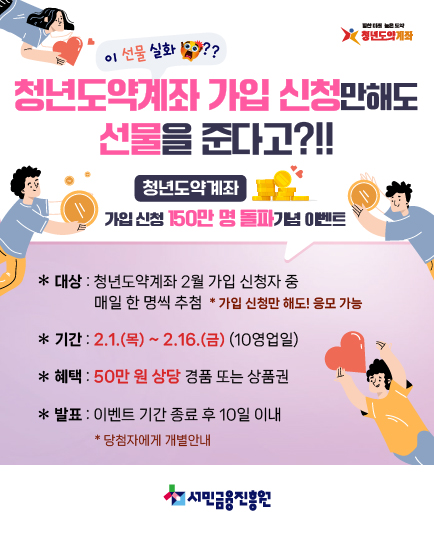 청년도약계좌 가입신청 150만명 돌파 기념 이벤트가 열립니다.