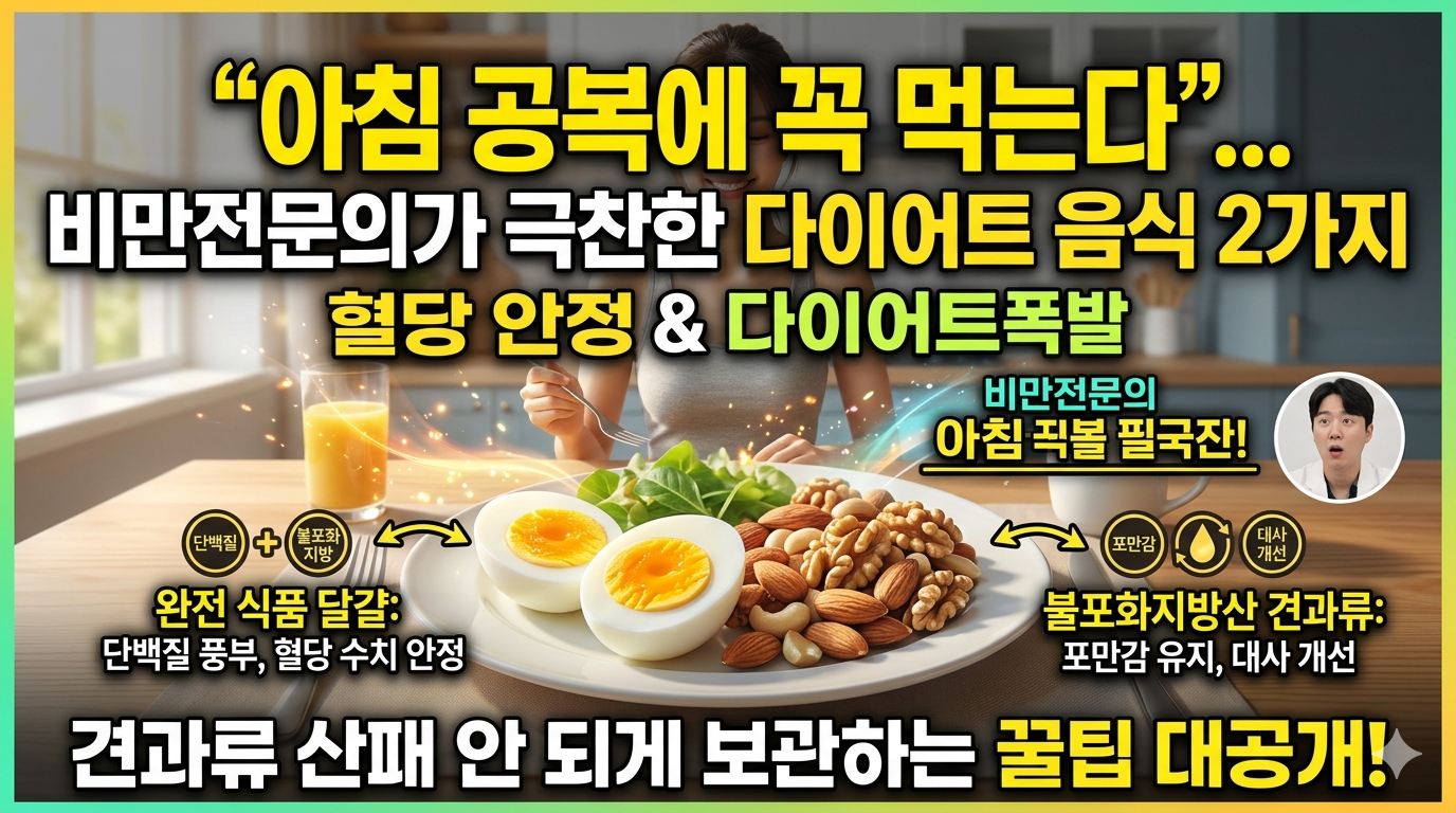 아침 햇살이 비추는 식탁 위에 정갈하게 놓인 삶은 달걀 두 개와 신선한 모듬 견과류(호두, 아몬드) 한 줌. 배경에는 '비만전문의 극찬', '아침 공복 필수템', '혈당 안정 & 다이어트'라는 문구가 세련되게 배치되어 있다