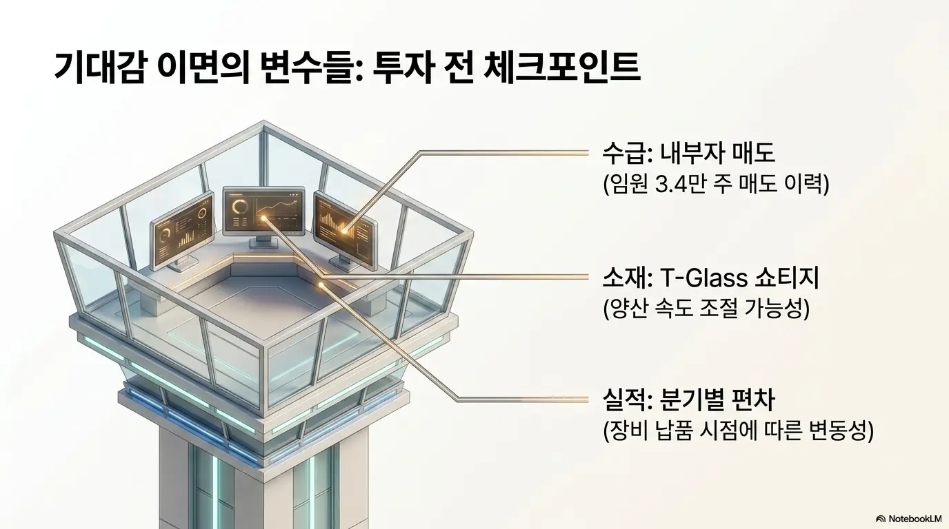 기가비스 주가 전망: 기가비스 투자 전 점검할 리스크를 관제탑 형태로 정리한 이미지. 수급 측면의 내부자 매도(임원 약 3.4만 주 매도 이력), 소재 T-Glass 쇼티지에 따른 양산 속도 변수, 장비 납품 시점에 따른 분기별 실적 편차를 체크포인트로 설명합니다