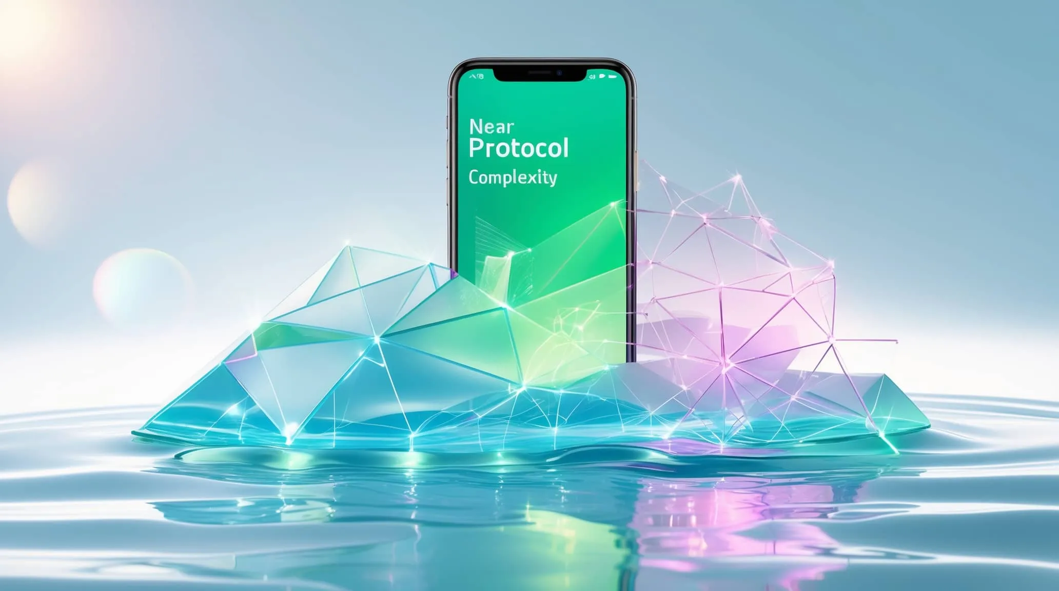Near Protocol 체인 추상화 기술을 표현한 일러스트레이션. 물 위에 떠있는 Near Protocol 스마트폰과 블록체인 네트워크를 상징하는 크리스탈 구조물들이 홀로그램 효과로 연결되어 있으며, 복잡한 기술을 단순한 사용자 경험으로 추상화하는 개념을 시각적으로 보여줍니다