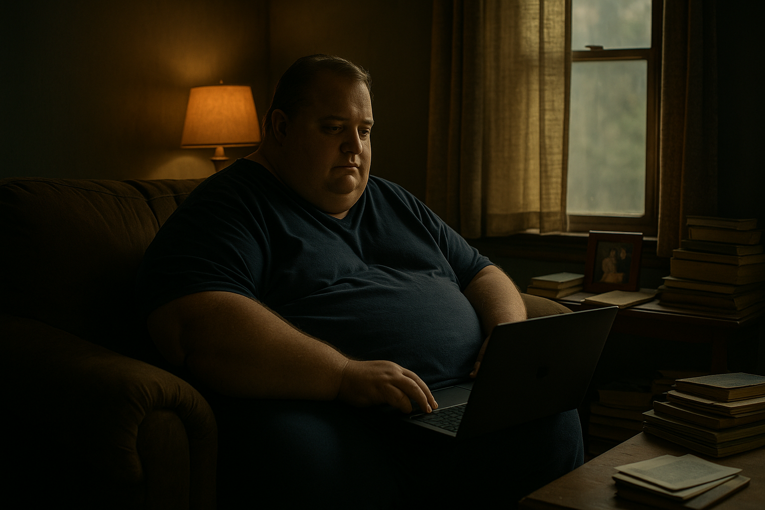 어두운 조명의 방 안에서 소파에 앉은 과체중의 중년 남성이 노트북을 바라보고 있다. 창가에는 커튼 사이로 햇살이 스며들고, 테이블에는 책과 가족사진이 놓여 있다.