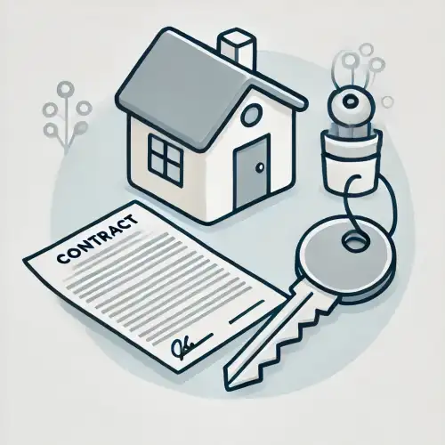 주택, 열쇠, 전세 계약서가 배치된 이미지