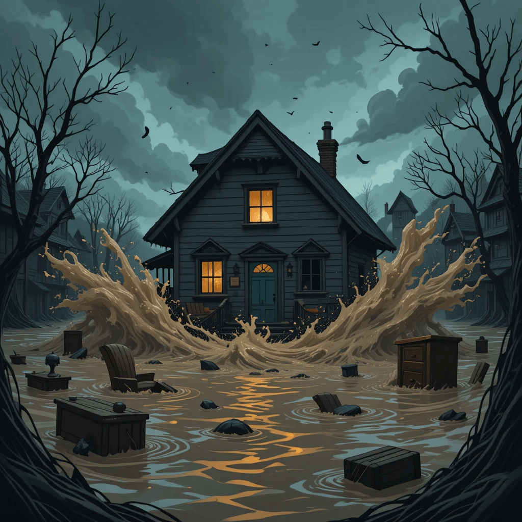 물(홍수)이 나오는 흉몽 중 탁한 홍수가 집을 덮치는 꿈의 이미지입니다.