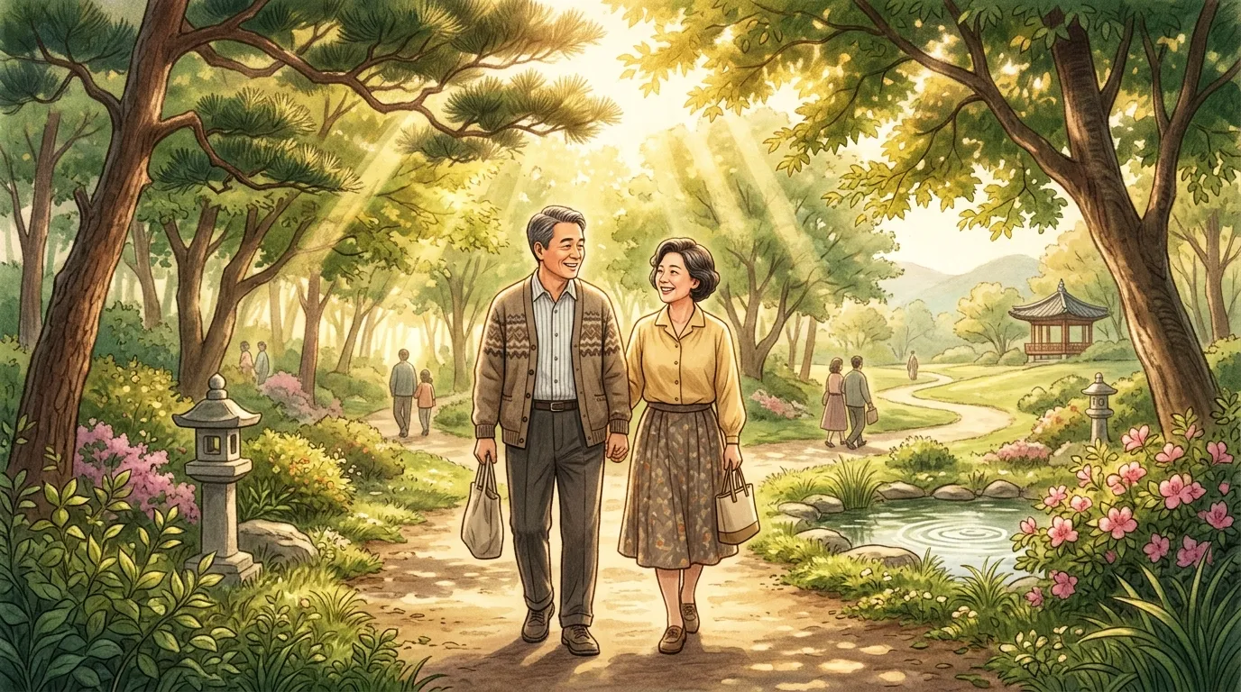 아침 공원에서 가볍게 걷는 중년 부부